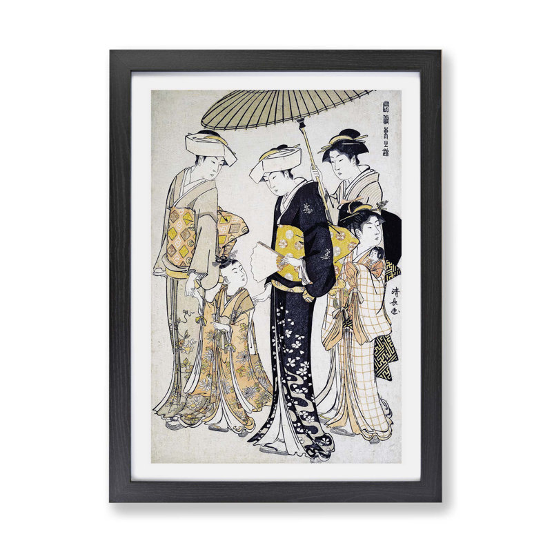 Girl With Attendants by Torii Kiyonaga - Single Picture Frame Painting, Black, 24cm H x 33cm W x 2cm D