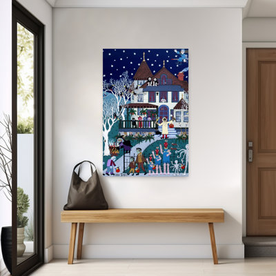 Spooky Halloween House Whimsical Abstract Contemporary Bat Cat Architecture Landscape Wall Art Print by Sev Ickes - Wrapped Canvas Print