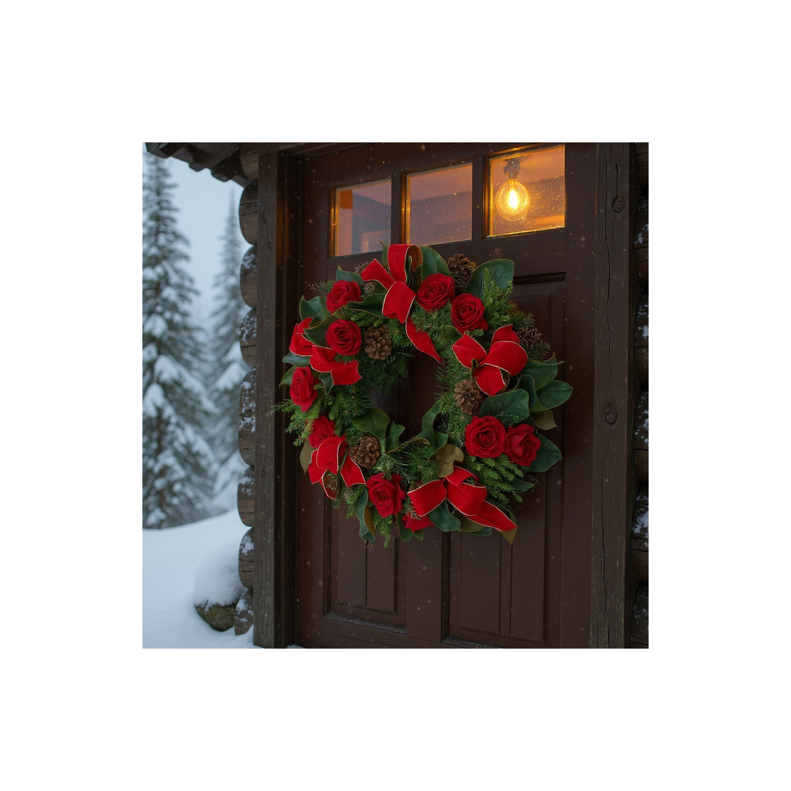 26'' Holiday Evergreen Wreath Arranged with Roses and Bows