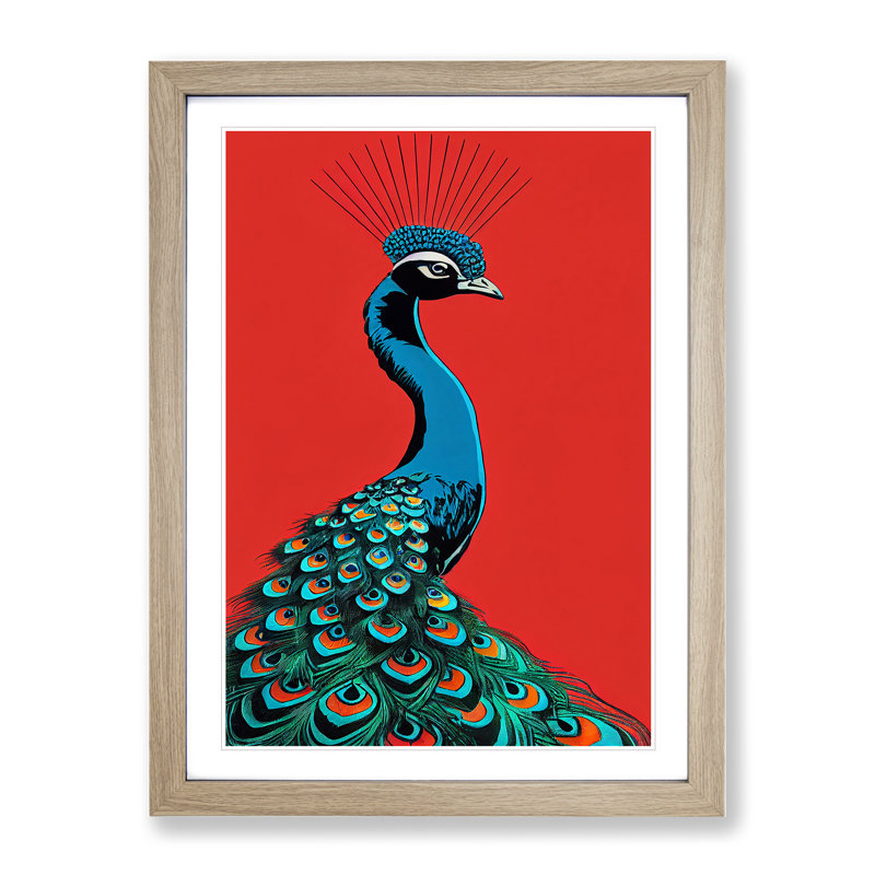 XV1022-3452X Peacock Retro Art - Print, Oak Framed Paper, White, 48cm H x 36cm W