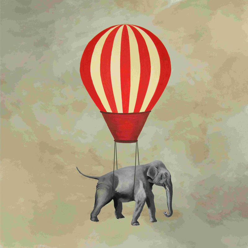 Éléphant avec montgolfière - Peinture, H 20 po x l 20 po, Non, Toile tendue