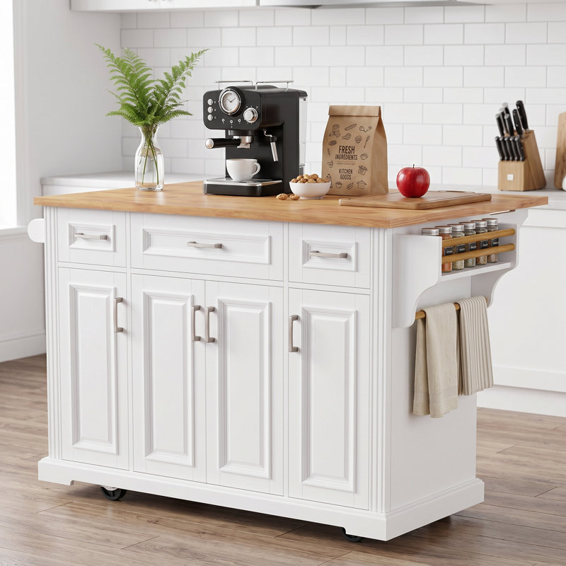 54 Inch Rubber Wood Kitchen Island with Drop Leaf, Embossed Texture Rolling Cart, 4 Wheels, 4 Doors & 3 Drawers Storage Cabinet for Kitchen Dining Room
