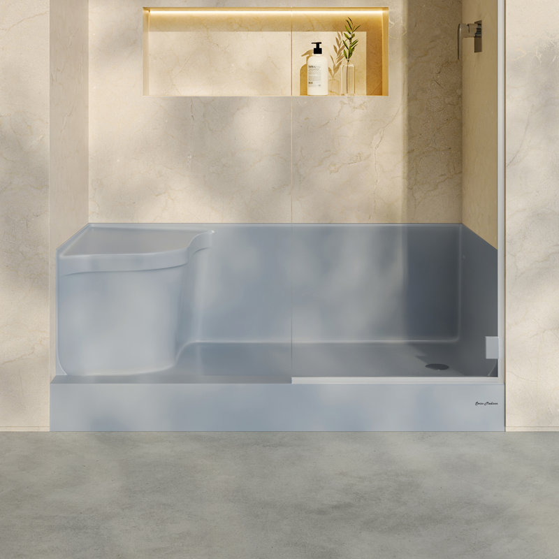 Aquatique 60" x 32" Single Threshold Shower Base With Right Hand Drain and Integral Left Hand Seat , Gray, Right