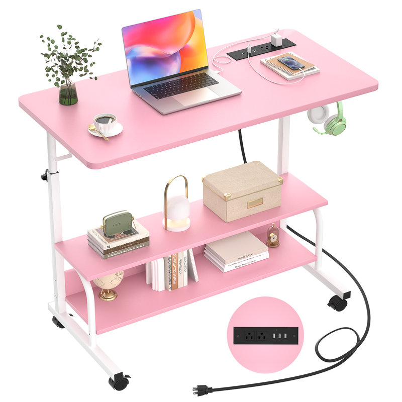 Susse 31"Bedside Computer Table with Power Outlet and Adjustable Height, Pink/White