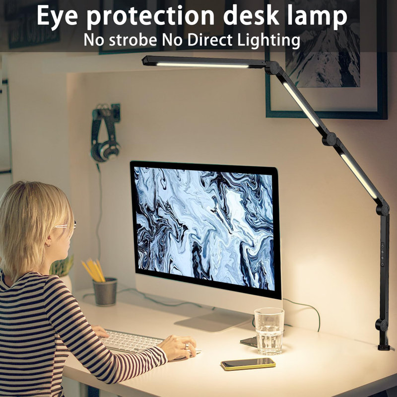 LED Desk Lamp with Clamp Flexible 4 sections Swing Arm Three light sources desk light, 4 Colour Modes & 5 Brightness, Eye Caring Led table light with Memory Function for table lamps for office