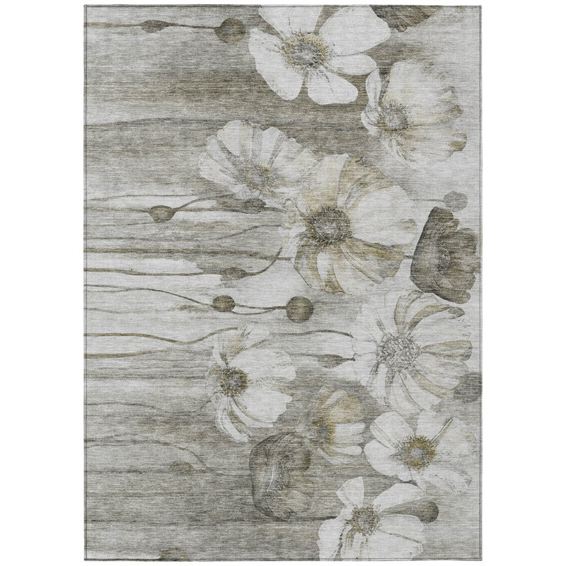 10' X 14' Taupe Ivory And Tan Floral Washable Indoor Outdoor Area Rug