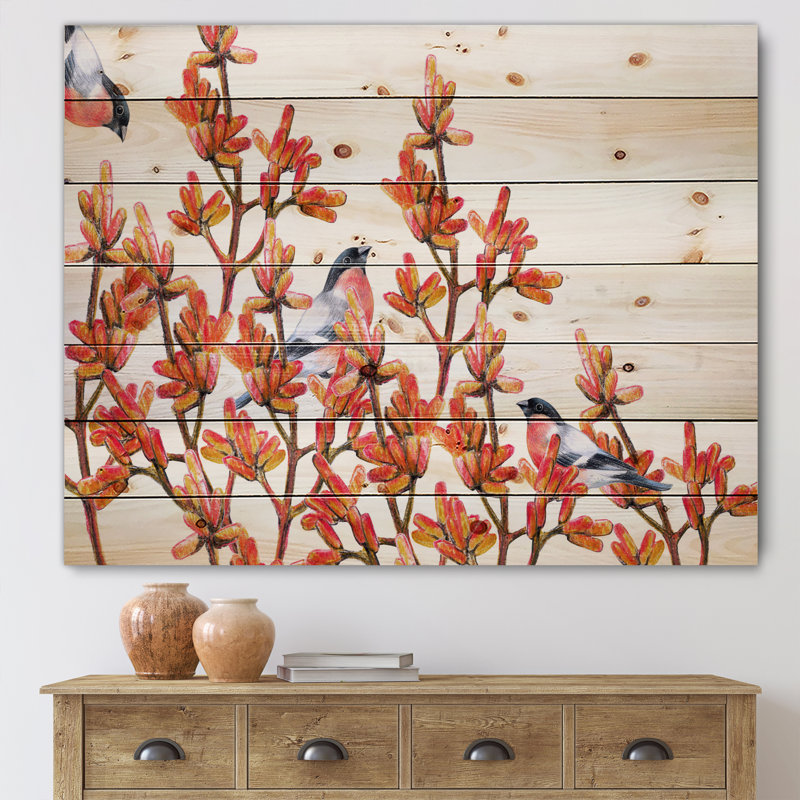 Volée de bouvreuils sur branches orange - impression traditionnelle sur bois de pin naturel, H 15 po x l 30 po x P 0,78 po