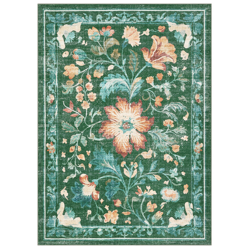 Area Rugs Washable Floral Print Rug for Living Room or Bedroom - Collapsible, Non-Slip, Easy to Clean, Pet Friendly Carpet - Modern Home Decor