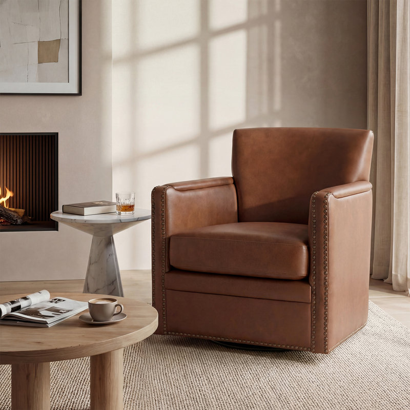 Fauteuil club pivotant en cuir véritable Arsim, Cuir véritable brun