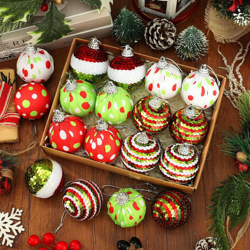 18 pièces de boules de Noël de 2 pouces décoratives - thème Elf, paillettes et paillettes incassables pour décoration de sapin de Noël, vert lime, rouge et blanc