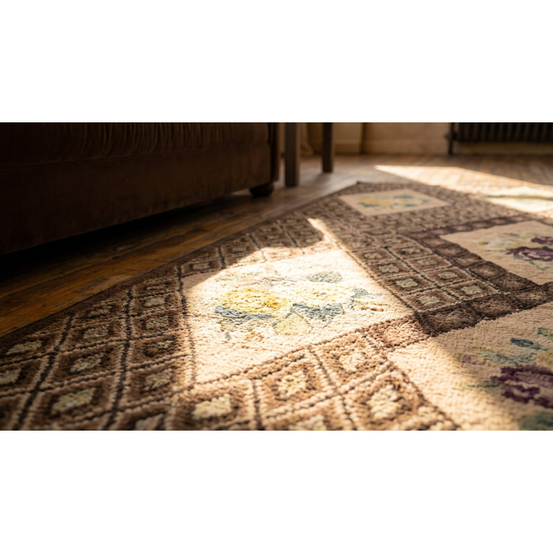 Gray Geometric Diamond Design With Ivory Floral Inlay Sections Antique American Folk Art Hooked Rug