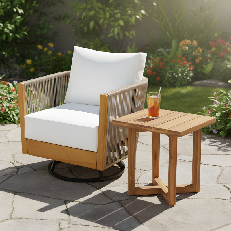 Gladwin Outdoor  Acacia Wood & Woven Rope Conversation Set With Cross-Stretcher Side Table, 2 Pcs: Table, Chair