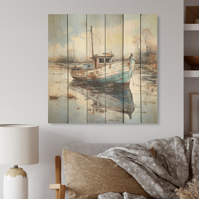 Bateau de charme en hiver - Art mural en bois sur bois de pin naturel