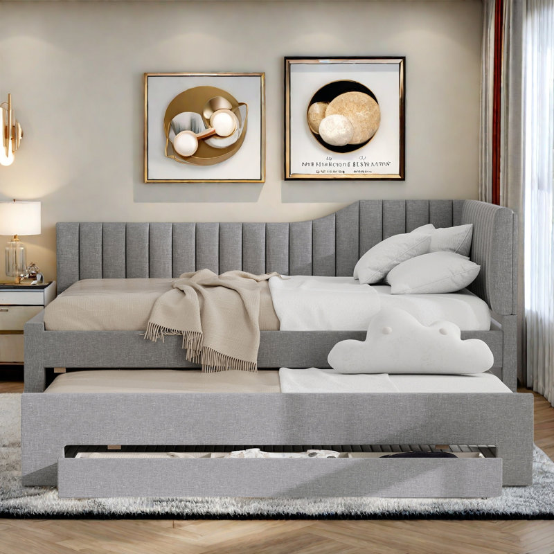 Upholstered Daybed With Trundle, Three Drawers And Vertical Striped Design, Gray, Full / Double