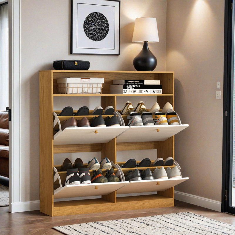 Armoire de rangement pour chaussures 4 portes rabattable avec ensemble anti-basculement, support de rangement autoportant avec poignée en bois et tablette supérieure pour le vestibule, couloir - peut contenir 24 à 32 paires