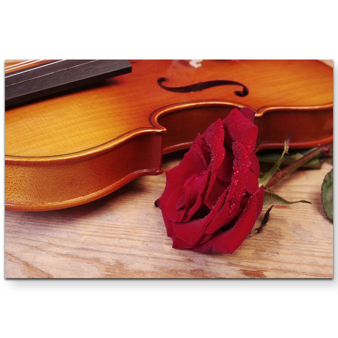 Leinwandbild Violine mit roter Rose