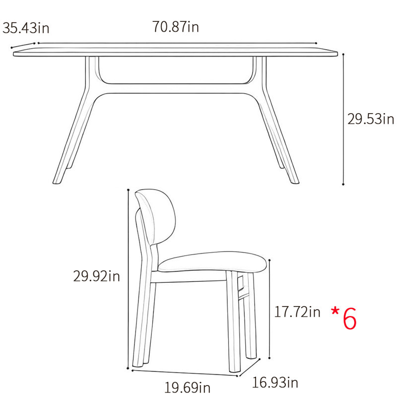 Modern simple rectangular family dining table sets, 29.53"H x 70.87"L x 35.43"W