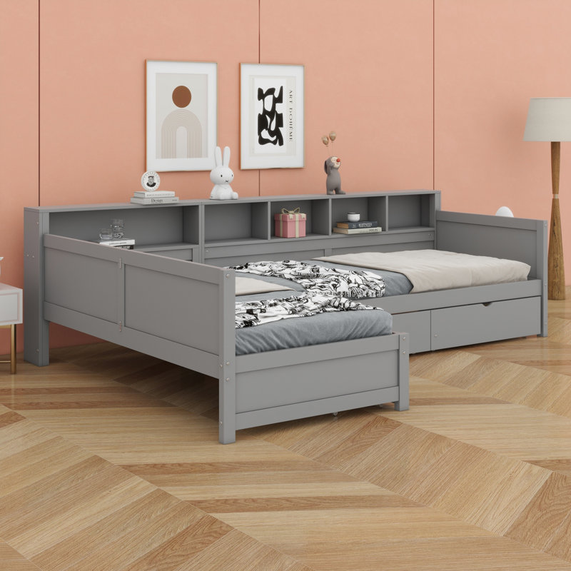 Structure en L pour 2 personnes, lit d'angle en bois avec tiroirs de rangement et tablettes intégrées, Gris