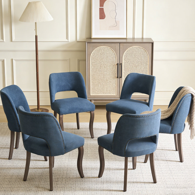 Modern Farmhouse Dining Chairs Set of 6, Solid Wood Upholstered Kitchen Chairs with Curved Backrest & Hollow-Out Design, Comfortable Fabric Seats for Dining Room, Kitchen, Breakfast Nook