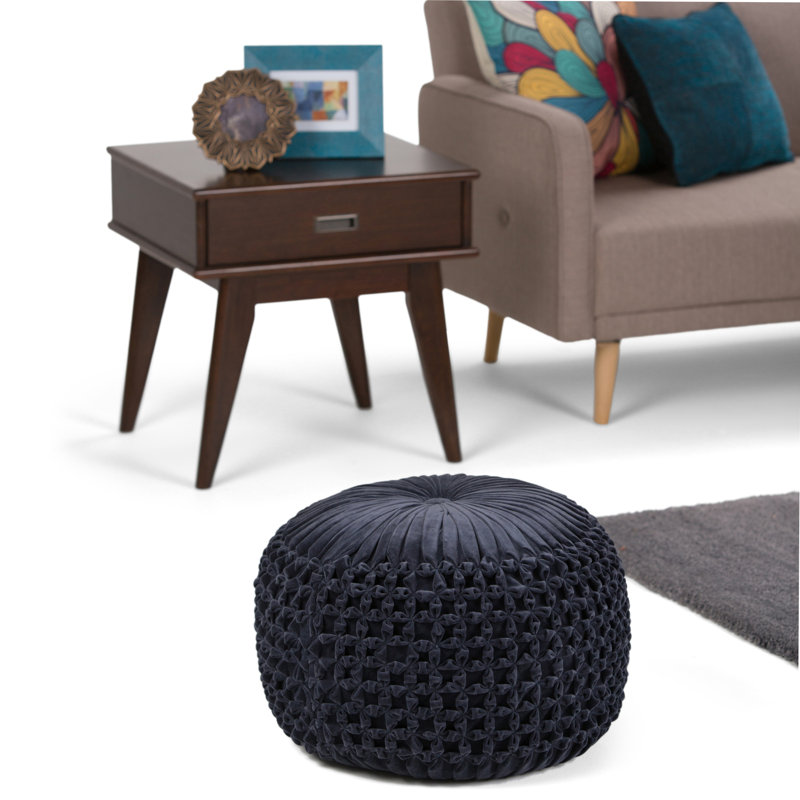 Renee Transitional Navy Velvet Tufted Round Pouf