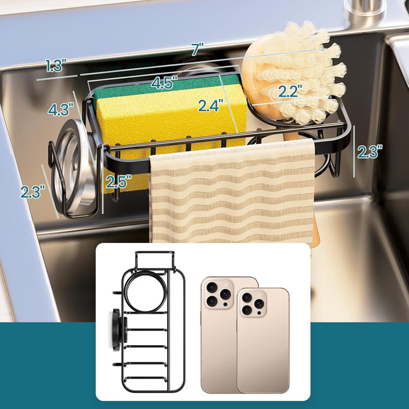 Porte-éponge d'évier de cuisine antirouille avec brosse et organisateur de serviettes, installation sans perceuse, conception en acier inoxydable pour un drainage rapide et un gain de place