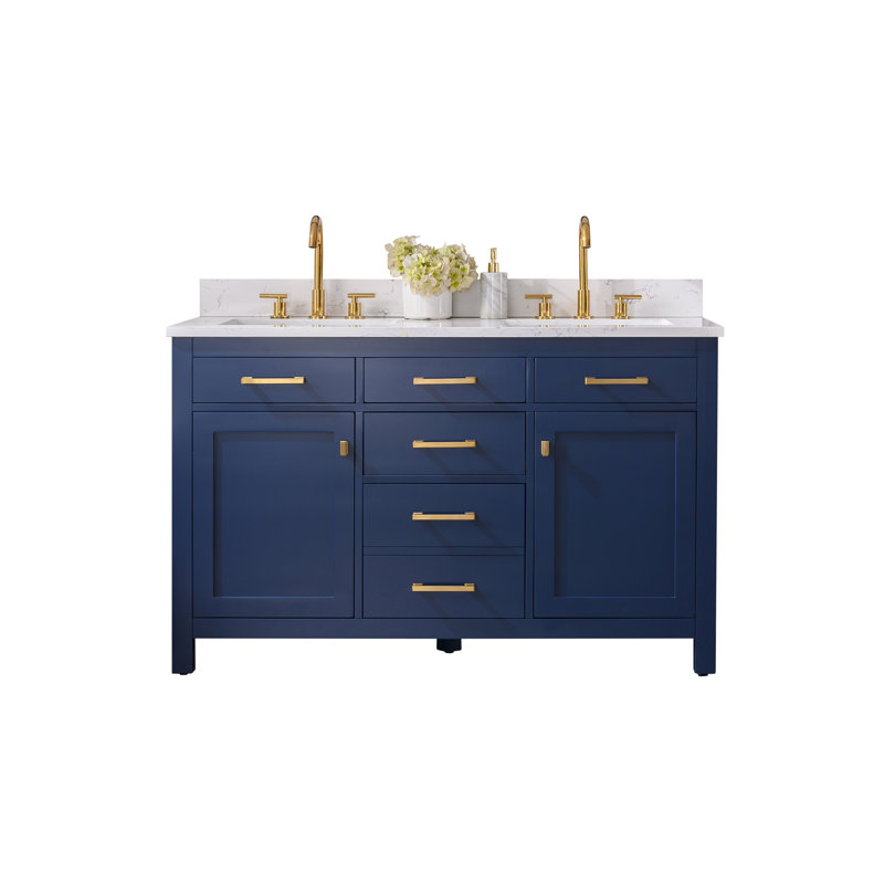 Ajhane 54" W Double Vanity with Engineered Stone Top and Soft-Close Doors, Navy Blue/Brushed Gold