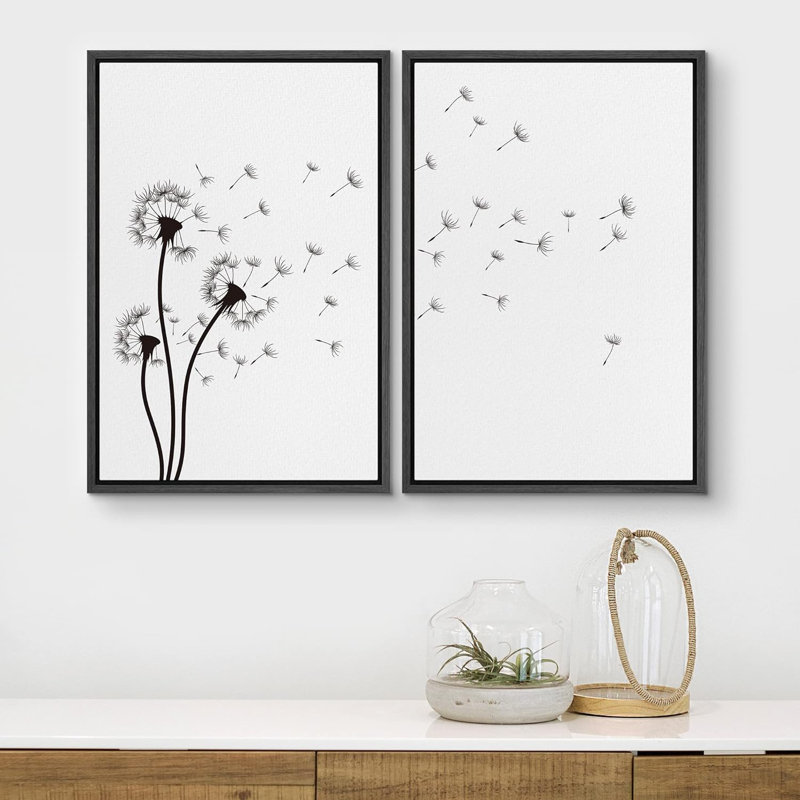 «Black and White Dandelion Minimalist Botanical Decor», reproduction d'art sur toile encadrée 2 pièces, Noir