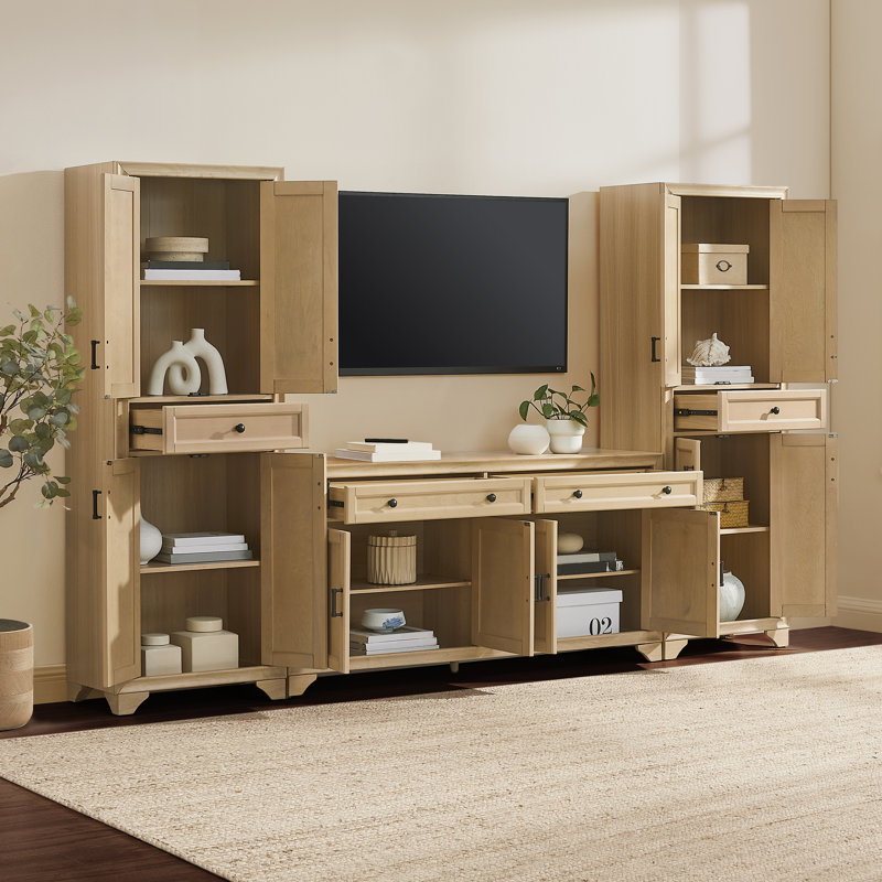 Walty 3-piece Entertainment Center, Light Yellow Wood/Black