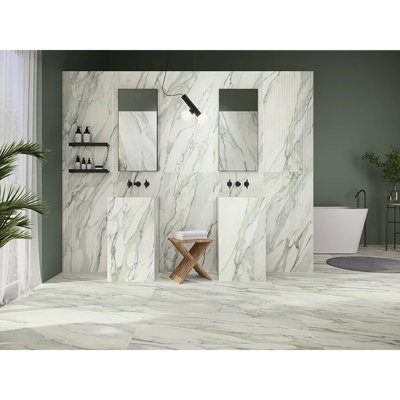 Splendor 24 po x 48 po Carreau de mur et de plancher en porcelaine matte blanc doux avec veine vert sauge (paquet de 2 de 15,42 pieds carrés)