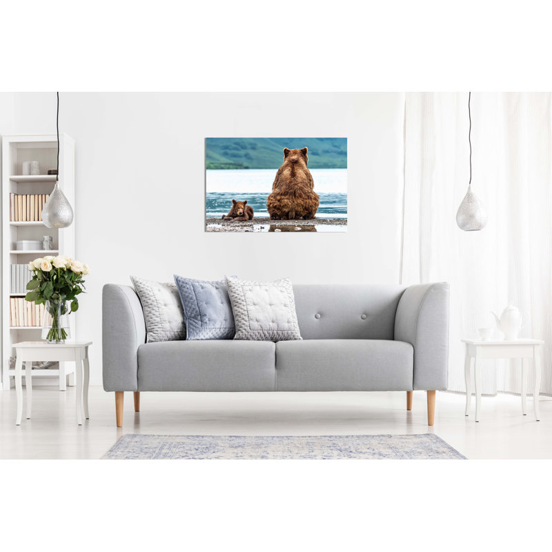 Mother And Baby Bear By The Lake - Wrapped Canvas Print, 20cm H x 31cm W