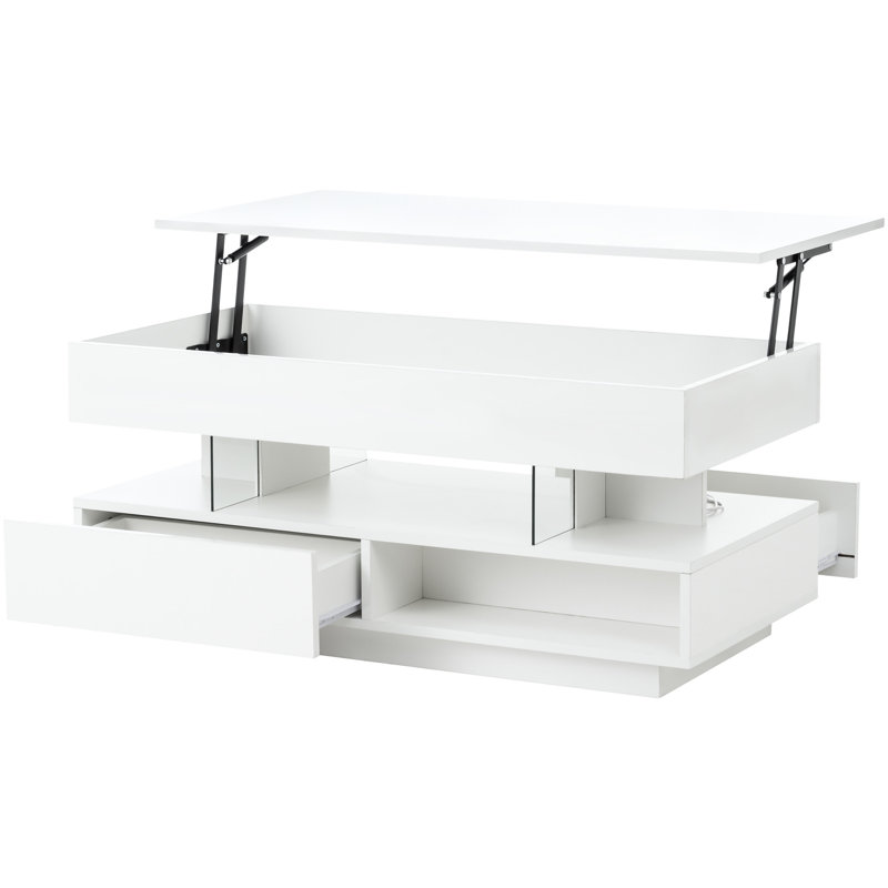 Table basse à plateau relevable de 39,3 po avec compartiment caché, 2 tiroirs de rangement et lumières DEL réglables, tables basses multifonctionnelles modernes pour le salon, la chambre à coucher et le bureau (blanc)