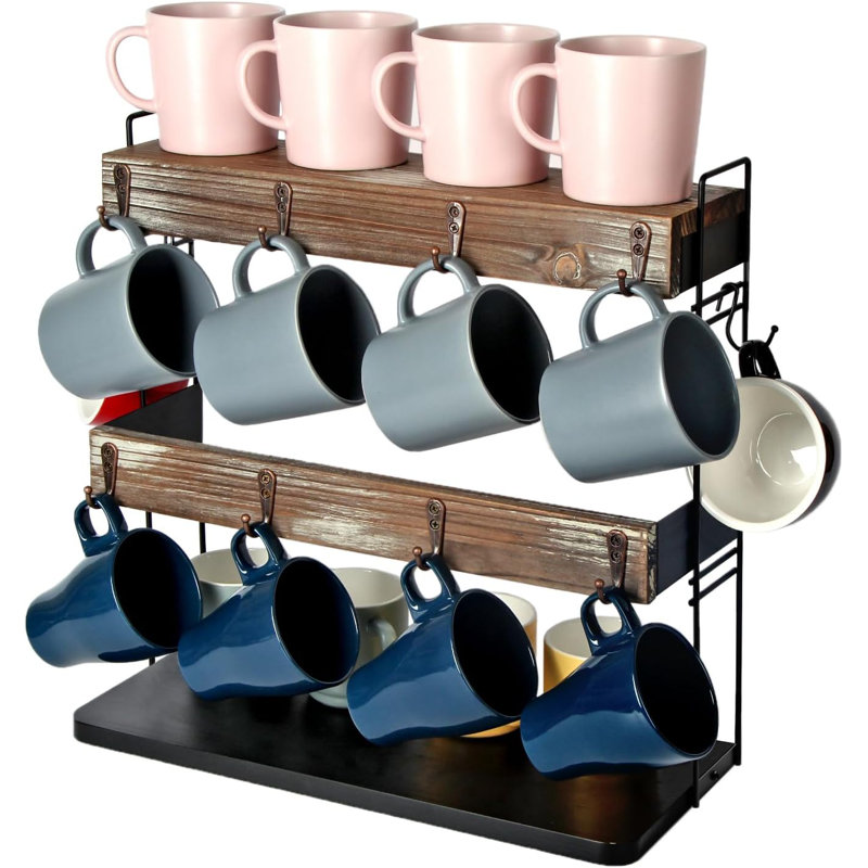 Mug Holder For Countertop 2 Tier Coffee Mug Shelf Rack Storage With Metal Frame And Rustic Wood Shelves For Coffee, Tea Cups Display Organizer With 10 Hooks