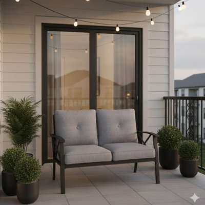 48" All-Weather Metal Loveseat 2 Seats Couch Sofa With Gray Cushions With Black Frame