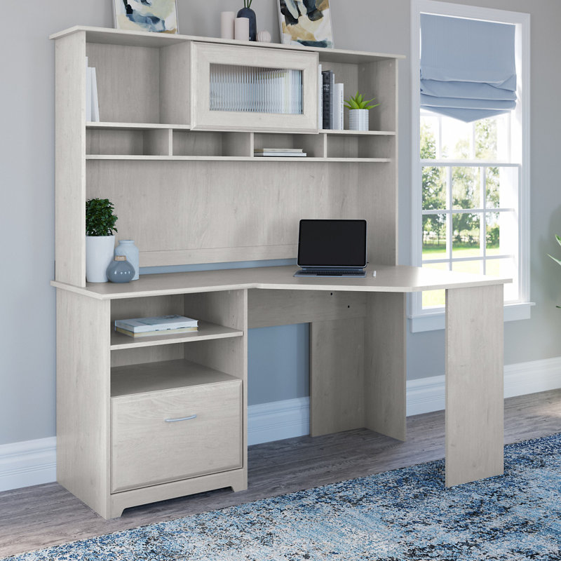 Bureau d'angle réversible avec clapier Ozro, Chêne blanc lin