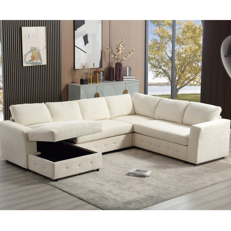109,97 po modulaire avec rangement considérable, revêtement en chenille, décoration à boutons en cristal, élément de rangement modulaire moderne de salon beige, 109,97 po, ornement, pour