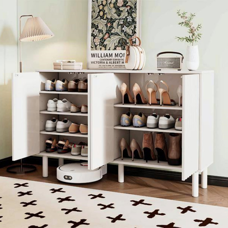 Minimalist Shoe Cabinet With 5 Solid Wood Legs, Cream Style Sideboard Buffet Cabinet With Fluted Doors, Large 4-Door Storage Cabinet With Adjustable Shelves For Living Room