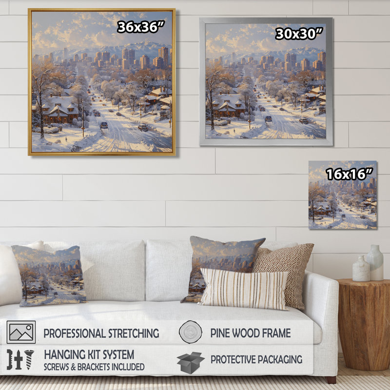 Blanc et gris Calgary Winter Morning II - Canada Wall Art Living Room, Toile avec cadre flottant noir