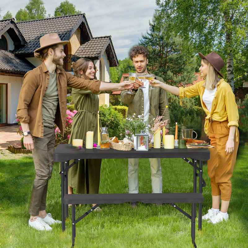 Outdoor Table Bench Set Folding Picnic Table Set w/ 2 Benches Sturdy Metal Frame