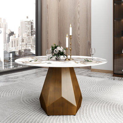 53,86 po Table de salle à manger ronde en pierre frittée pour 6 sièges, blanche avec base en métal, maison de style moderne, grattoir et facile à nettoyer de 53 po en blanc, comptoir à 6 places et espaces de vie design, haute température
