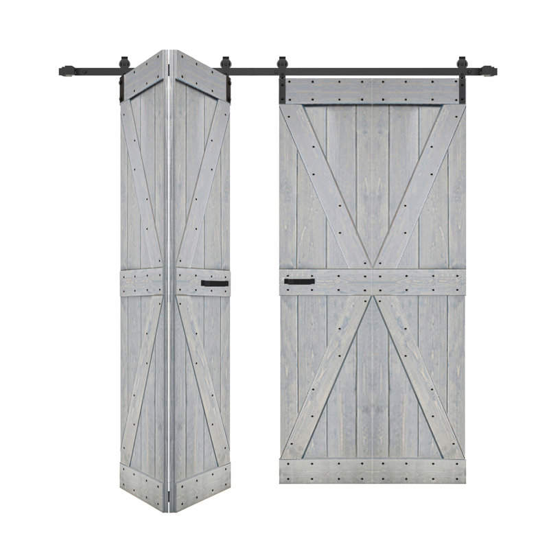 Porte de grange double pliante en bois massif de style K avec ensemble de quincaillerie - Assemblage requis, Gris français