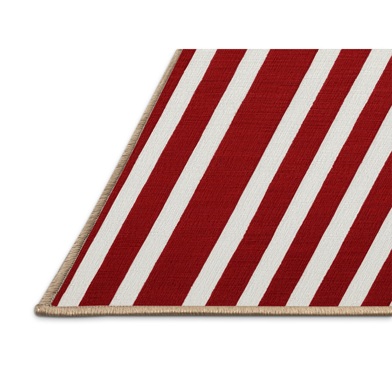 Machine Washable Horizontal Stripes Red Area Rug, Square 4'