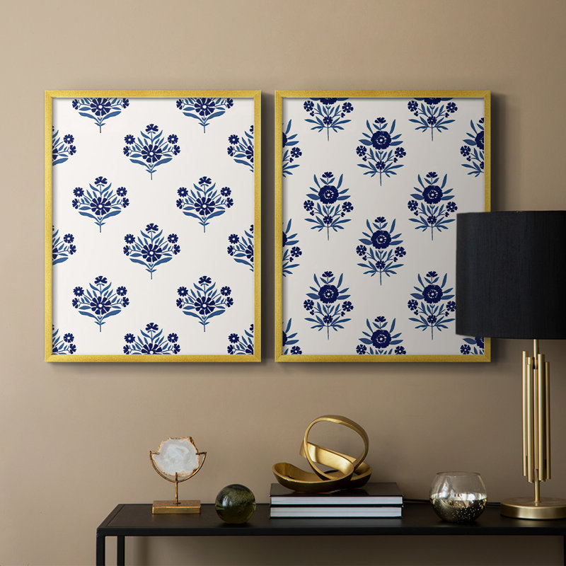 Motif de fleurs indigo I - impression encadrée de qualité supérieure - prêt à être accroché - aucun clou requis - aucun clou requis