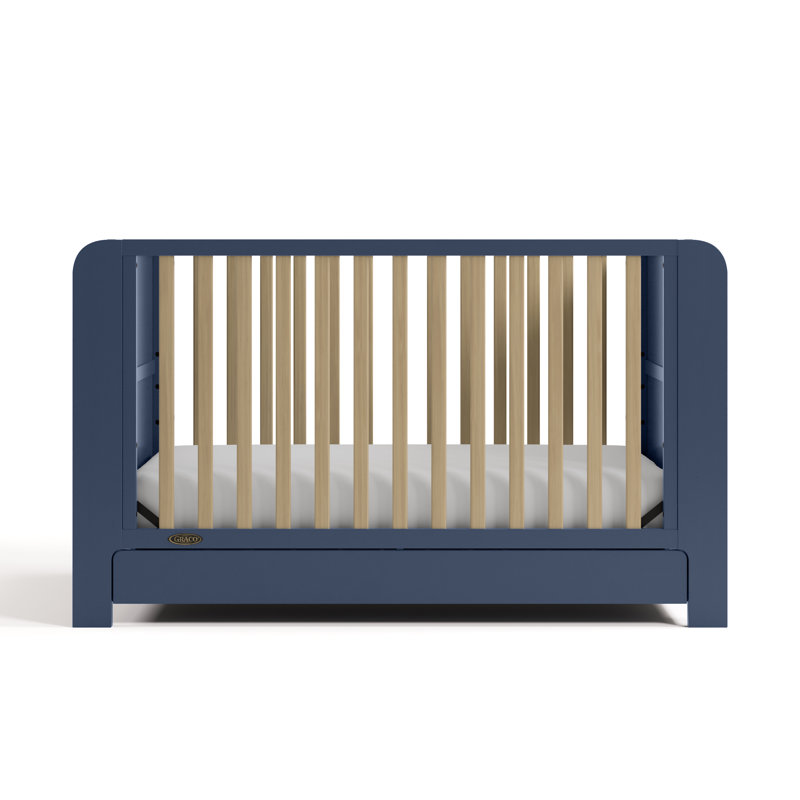 Lit de bébé convertible 4-en-1 avec tiroir Read-With-Me, Bleu minuit / bois flottant, Lit à barreaux