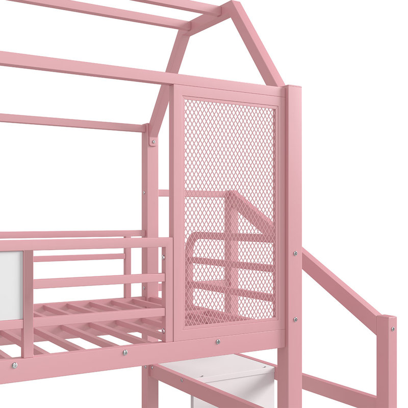 Lit mezzanine en métal avec glissade et escalier, structure silencieuse et tablettes de rangement avec toit de maison de jeu