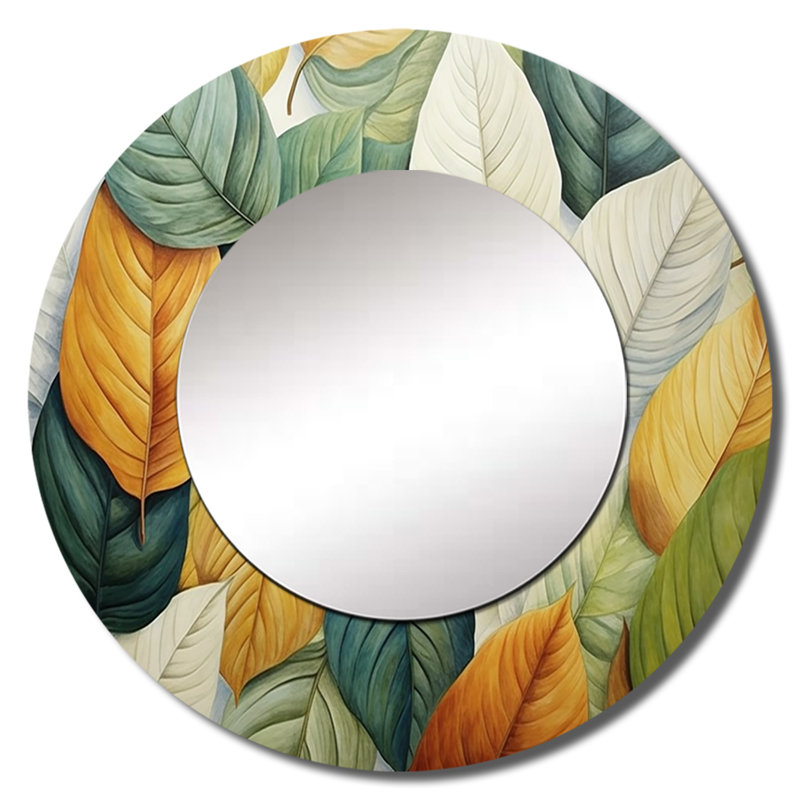 Ritvik Green And Yellow Leaves Tranquility II - Leaves Wall Mirror, Green Round Decorative Mirror, Printed Metal Art