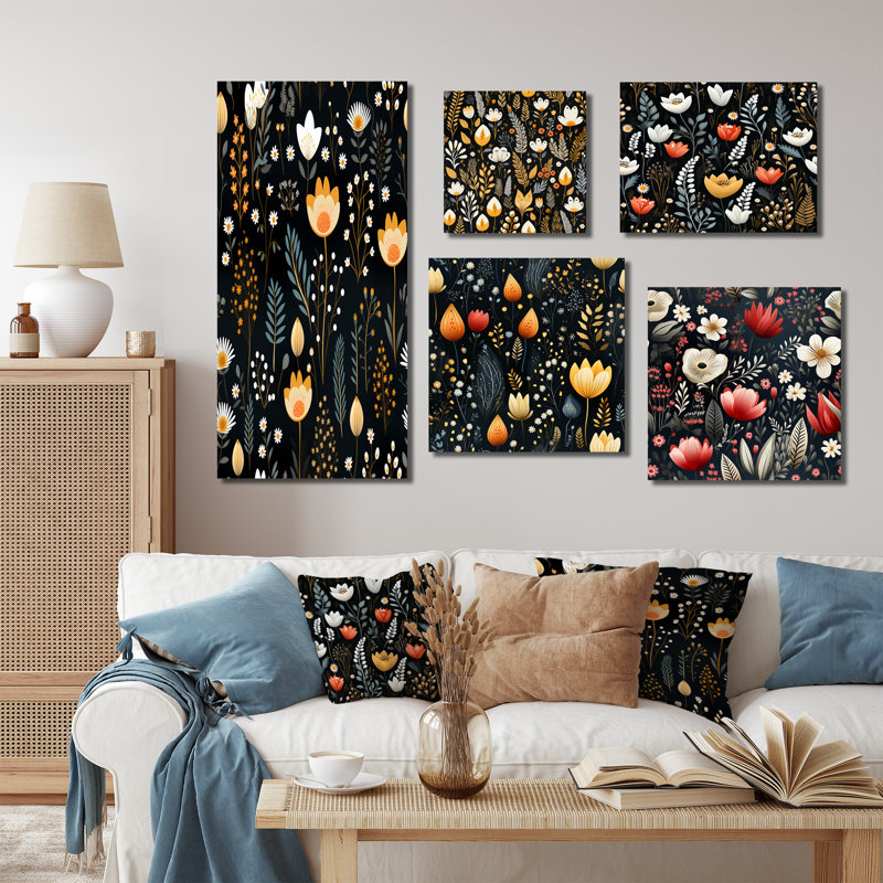 Hartline - Ensemble de 5 impressions sur toile florales, Toile tendue