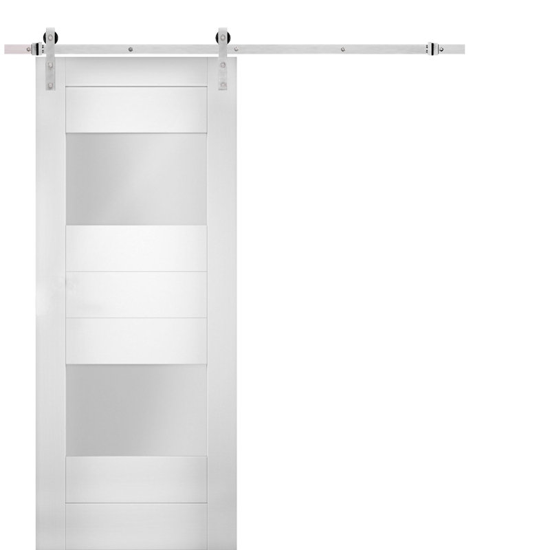 Sete Frosted Glass Barn White Door with Installation Hardware Kit, Silver, 36" x 96"