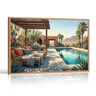 Toile de style Adobe avec bord de piscine avec palmiers et montagnes du désert