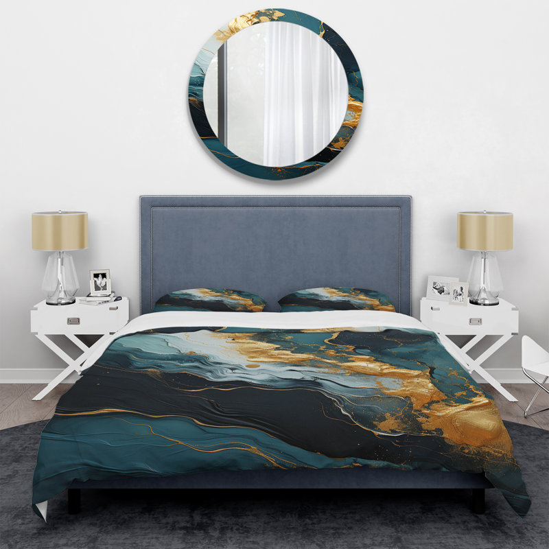 Ensemble de housse de couette abstrait doré et vert, Housse de couette pour très grand lit