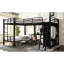 Lit simple mezzanine simple et lit double mezzanine triple en L avec garde-robe de bureau, lattes en métal robustes, design élégant noir sans sommier attaché, rangement intelligent